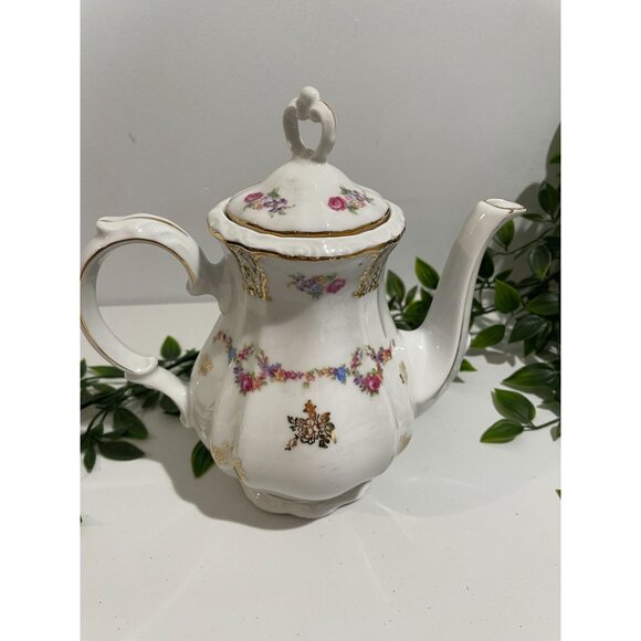 Vintage Bavarian Porcelain Teapot With Floral Design & Gold Accents - Picture 1 of 11